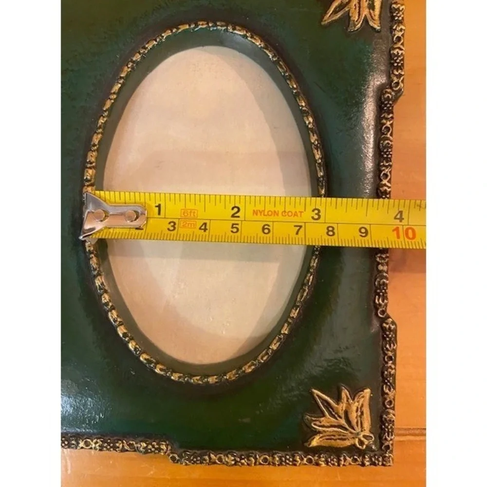Vintage Green and Gold Double Oval Photo Frame Tabletop Easel Back 2 Opening